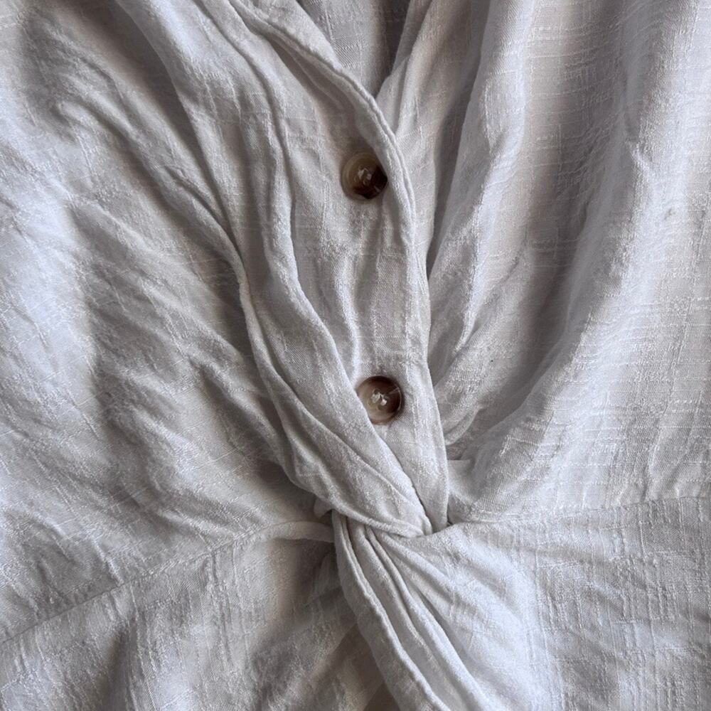 Twist Front Crop Top White Linen Look Romantic Coastal Boho Flutter Sleeve S - Picture 10 of 10